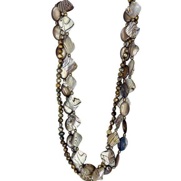 Abalone Shell Fresh Water Pearl Layered Necklace 23" Variegated Beaded Nautical - Picture 2 of 10